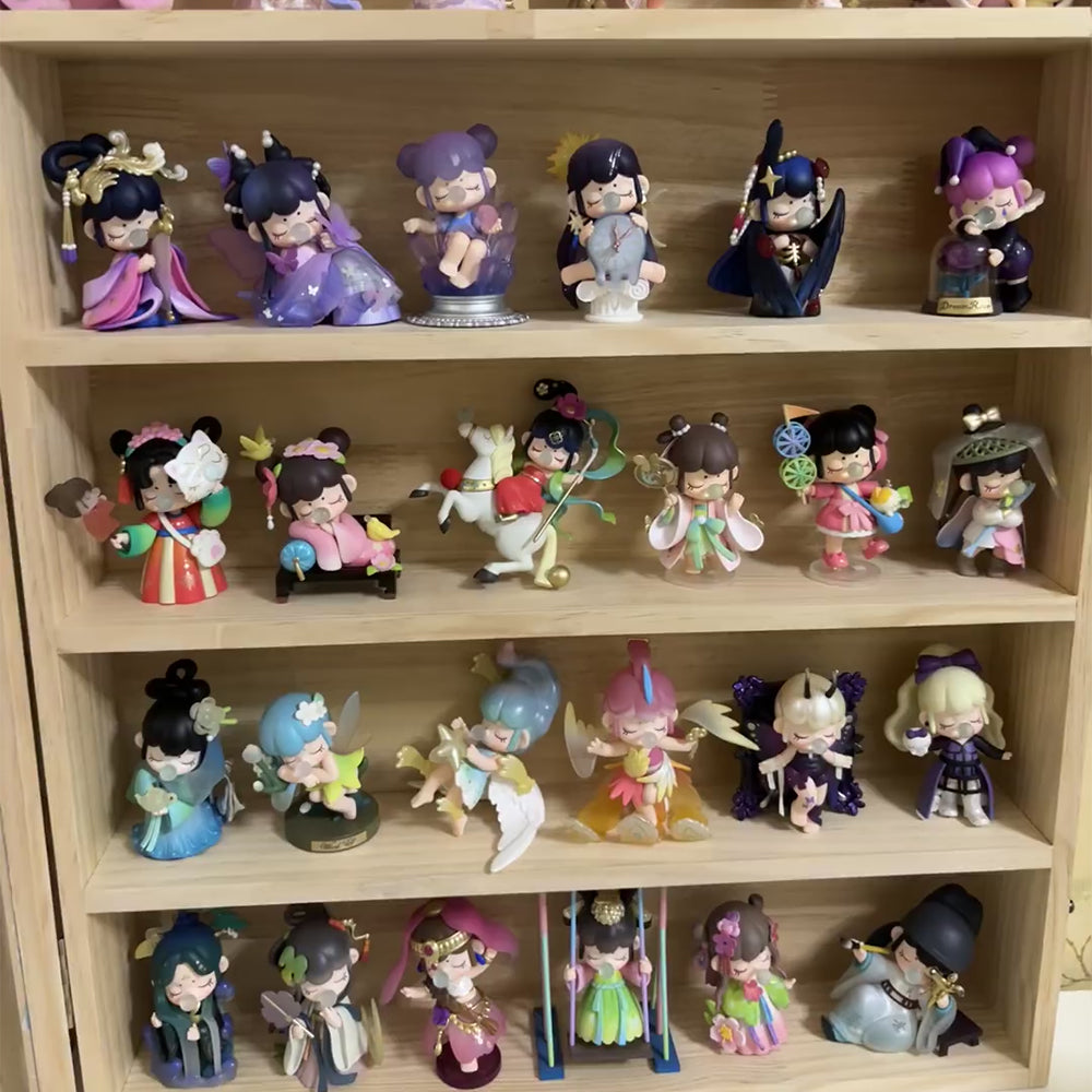 Display shelf filled with Rolife surprise figure dolls in traditional Chinese fantasy costumes
