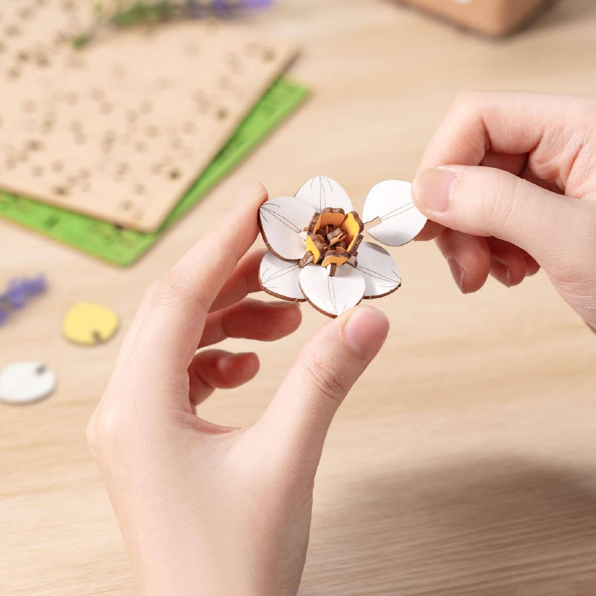 Rowood Narcissus Flower Bouquet Wooden 3D Puzzle TF002 3D wooden flower puzzle, parts and pieces laid out before assembly