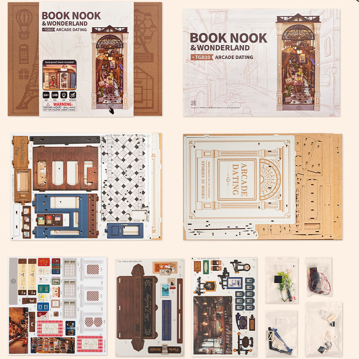 Rolife Arcade Dating Book Nook TGB10 flat lay showing box front, uncut laser-cut wooden sheets and accessories spread out