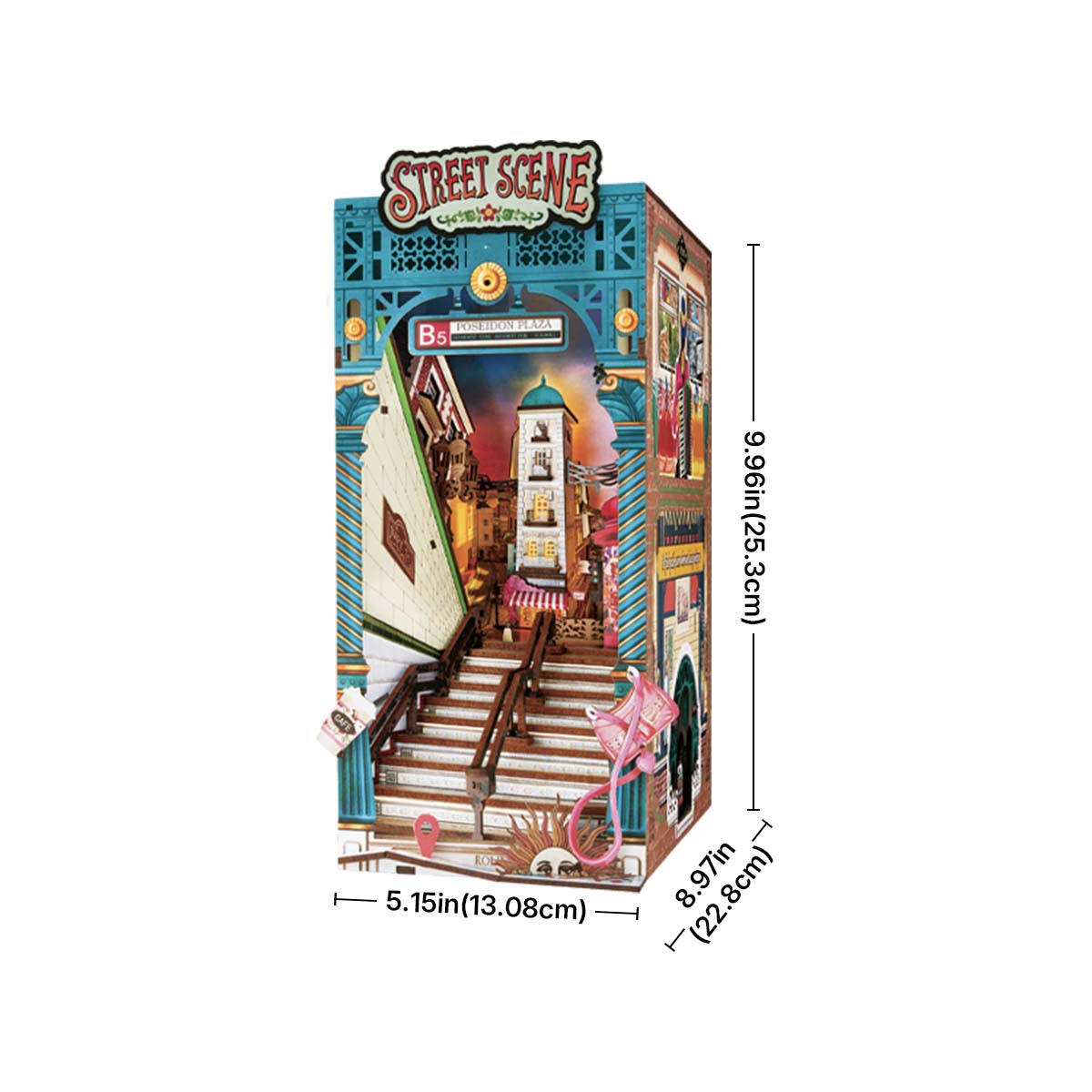Rolife Street Scene TGB13 book nook showing assembled size dimensions with the teal arched entrance and detailed staircase diorama