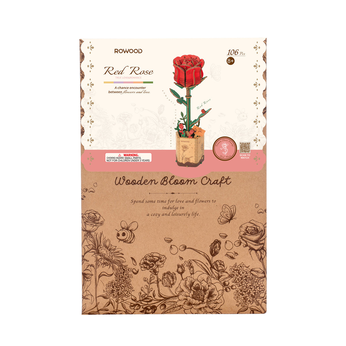 Rowood Pink Lily DIY 3D wooden puzzle TW071 fully assembled pink lily flower in kraft paper vase displayed on a neutral surface with a butterfly accent