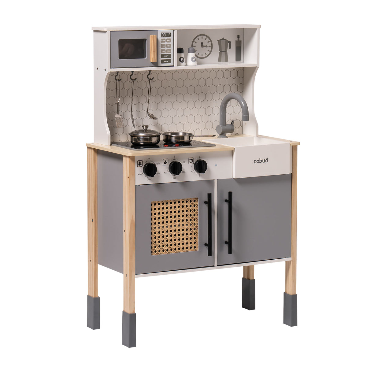 Robud vintage play kitchen full front view in grey tones with rattan oven door and gold-tone fixtures