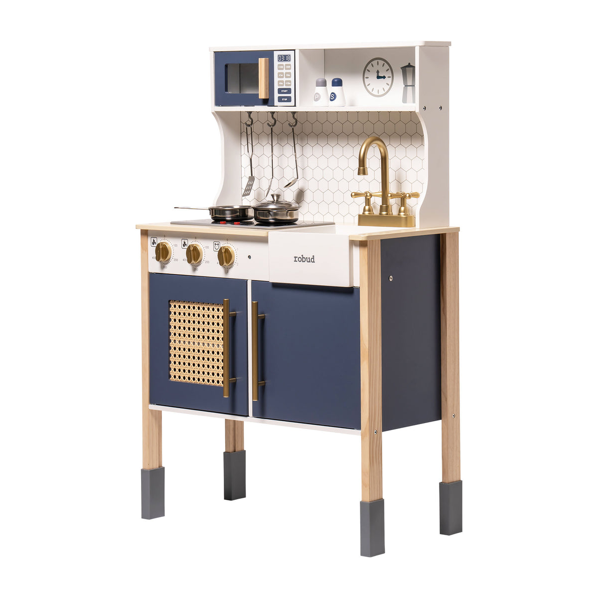 Robud vintage play kitchen compact front view in navy blue with natural wood legs and rattan cabinet