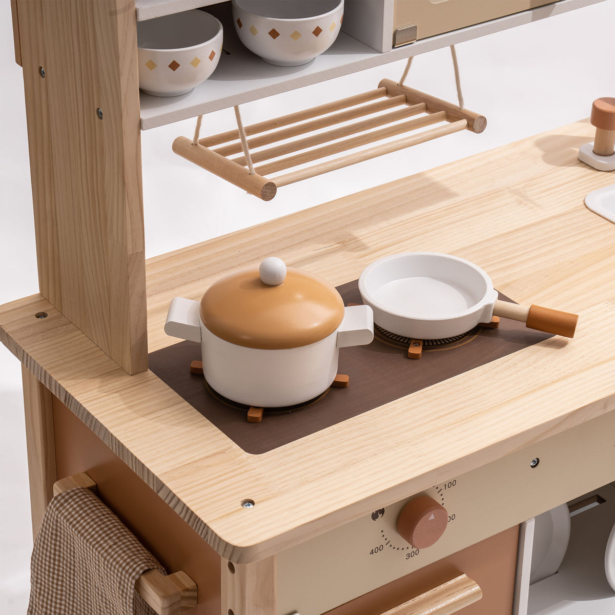 Robud Wooden Play Kitchen with Realistic Accessories 3D wooden model kit, side profile detail shot
