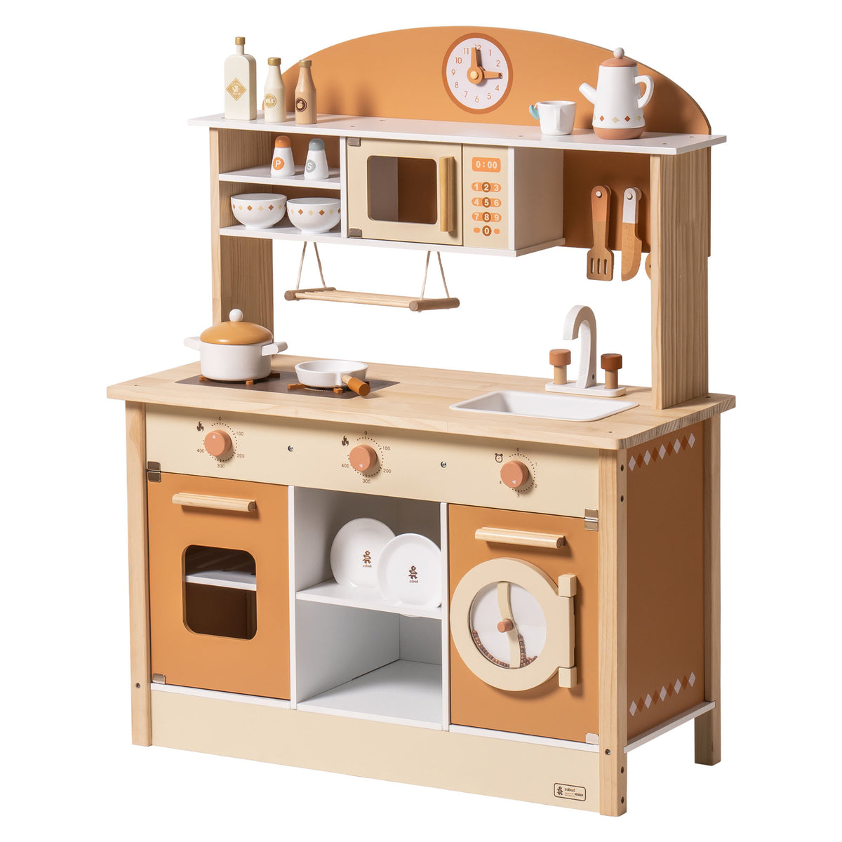 Robud Wooden Play Kitchen with Realistic Accessories 3D wooden model kit, front view on a neutral background