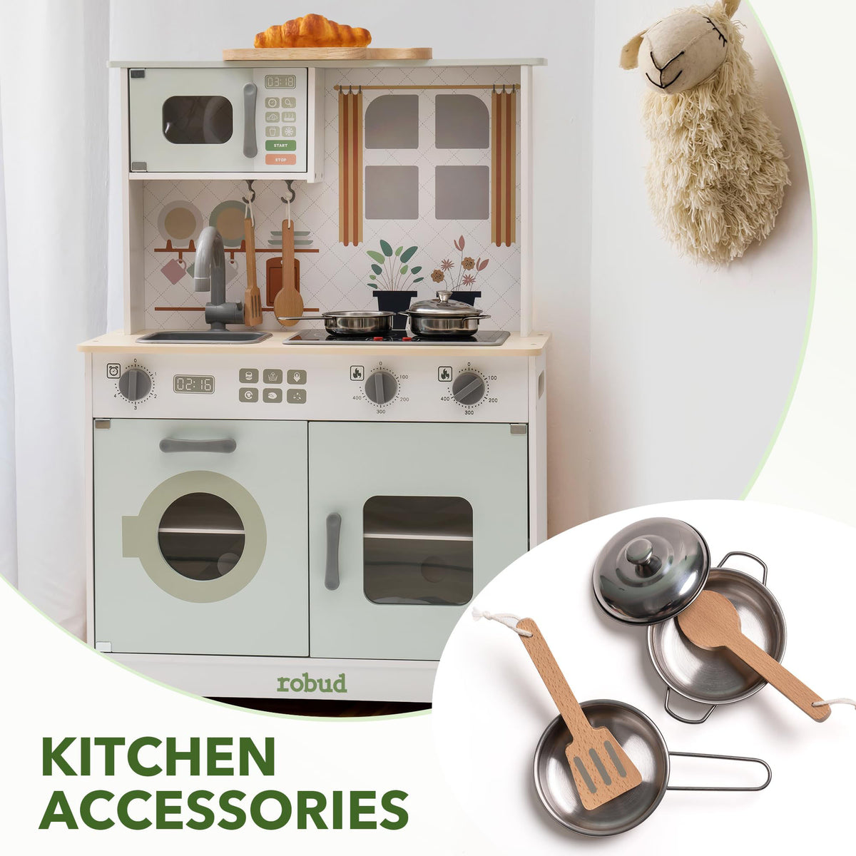 Robud WCF26 green play kitchen full front view with stovetop, sink and rattan accent panel details.