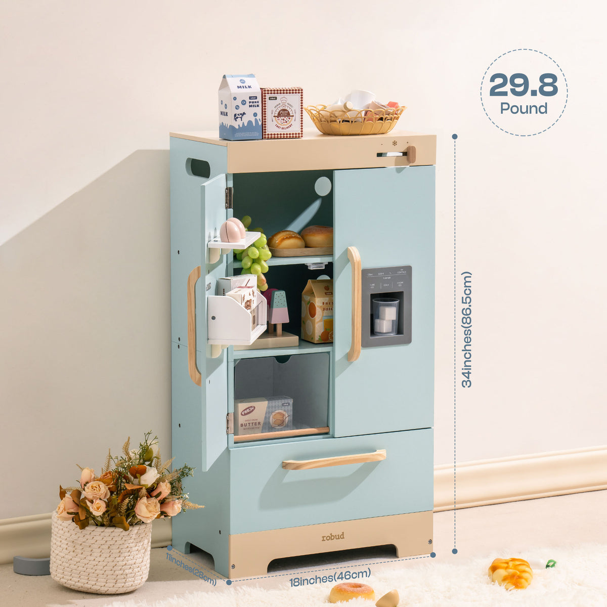 Robud Wooden Play Fridge Freezer Set for Kids 3D wooden model kit, back view highlighting structural detail