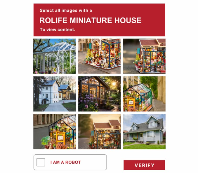 CAPTCHA challenge screen showing nine thumbnail images of Rolife miniature house scenes for user verification.
