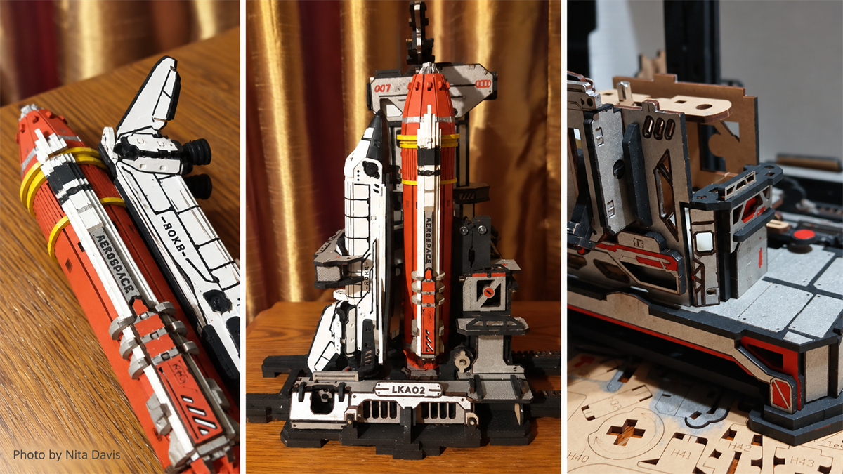 Nita Davis’s custom-painted ROKR Space Shuttle with shuttle, launch tower and platform details