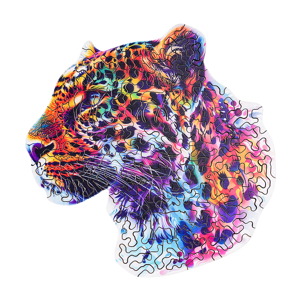 Robotime animal-shaped jigsaw puzzle with neon multicolor leopard portrait and irregular piece edges