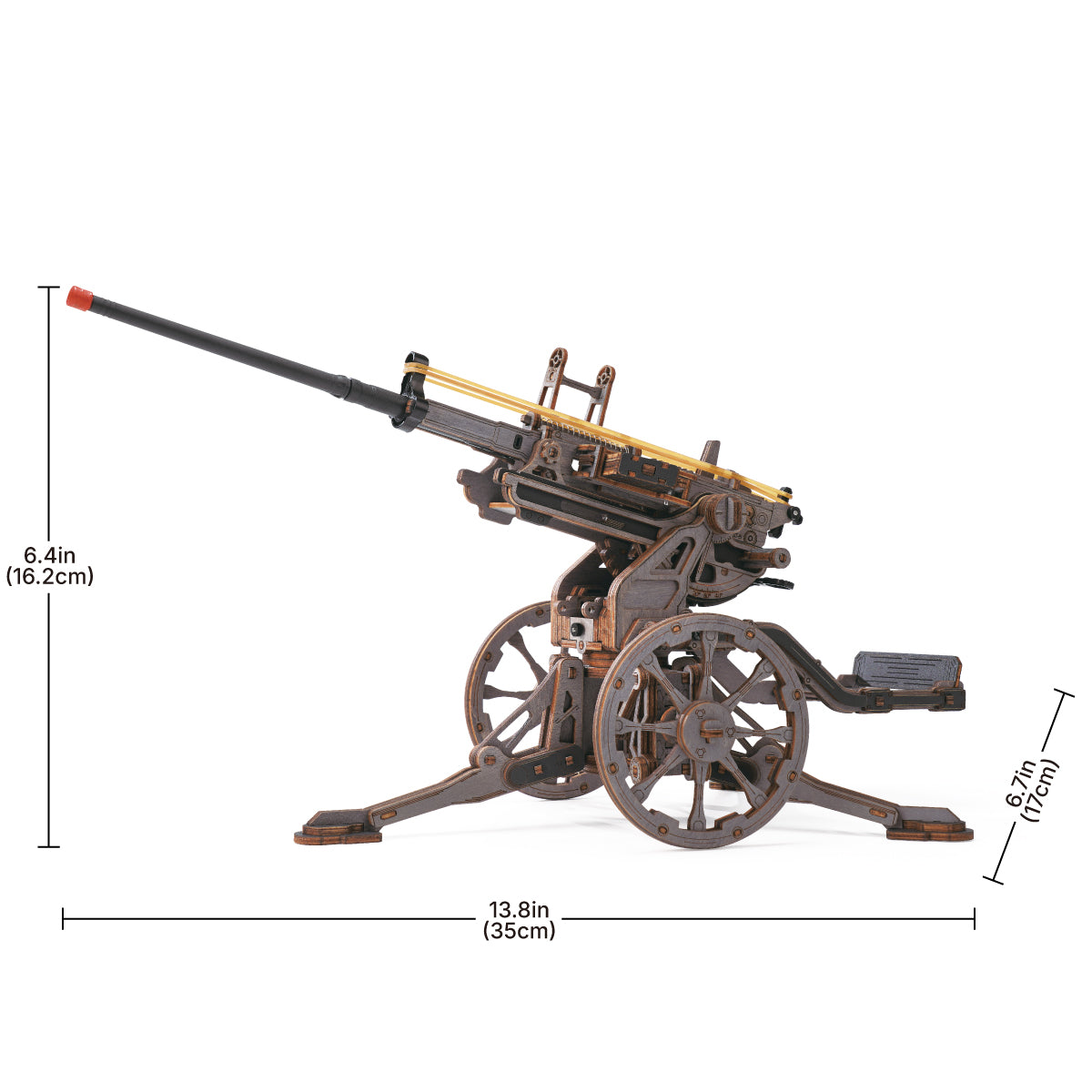 ROKR Anti-aircraft Gun Wooden 3D Puzzle LQM01 3D wooden puzzle model, side view highlighting structure and scale
