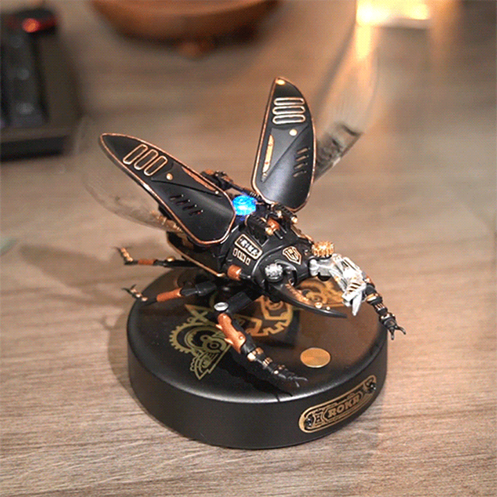 ROKR Storm Beetle MI03 steampunk insect on round display base with copper gear accents