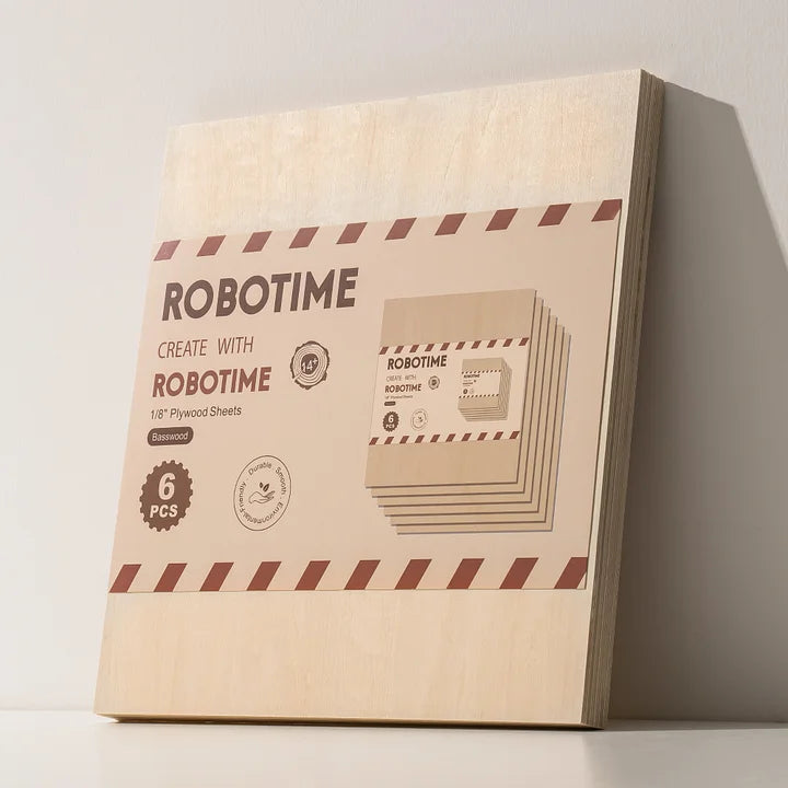 Robotime stack of six pale birch plywood sheets with red dashed-border label on top, leaning against white wall