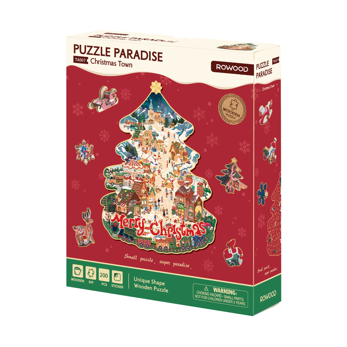 Rowood Christmas Town TA007 wooden puzzle box packaging showing tree-shaped puzzle illustration and 200 piece count on red box