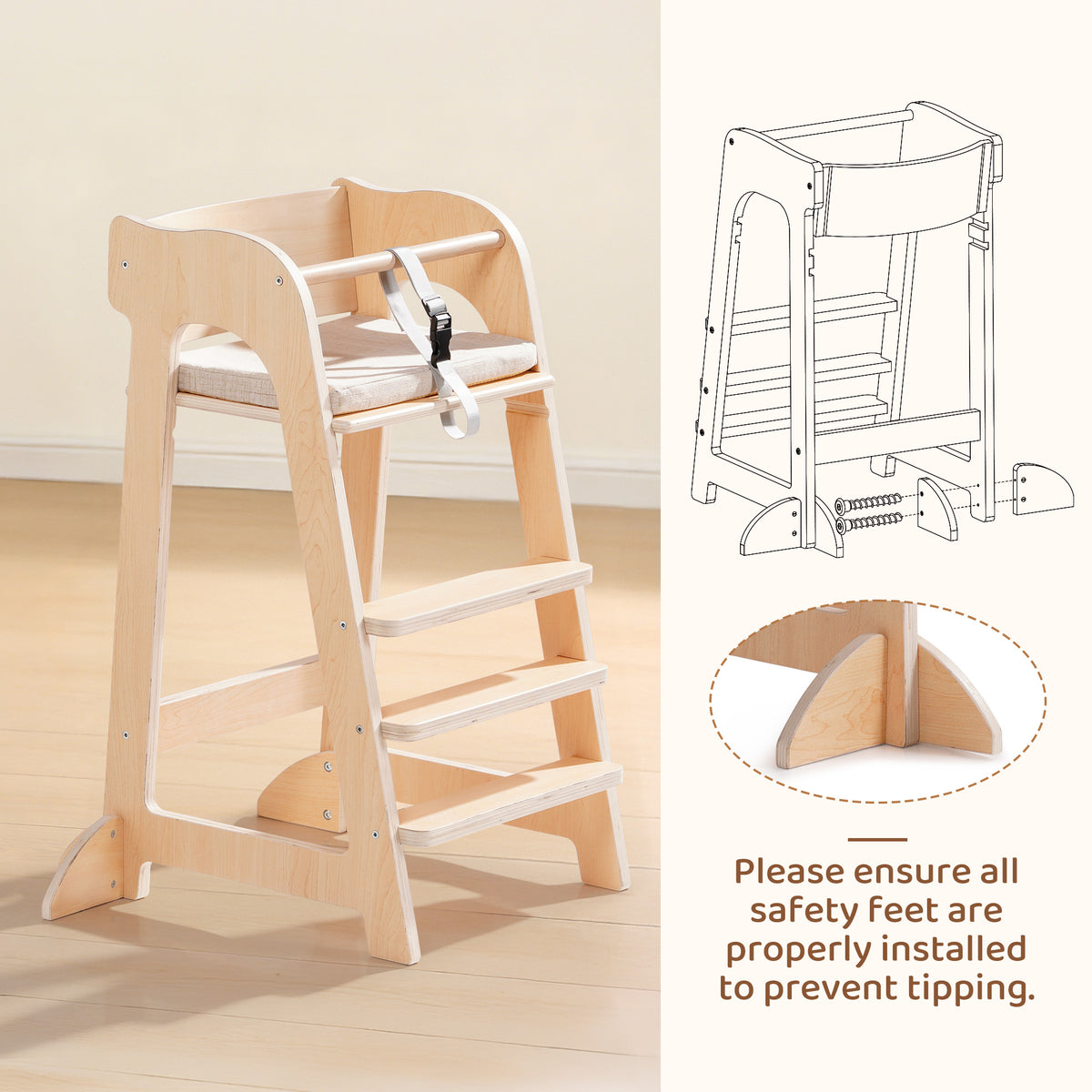ROBUD wooden high chair side-by-side safety diagram highlighting anti-tip feet installation and tipping prevention.