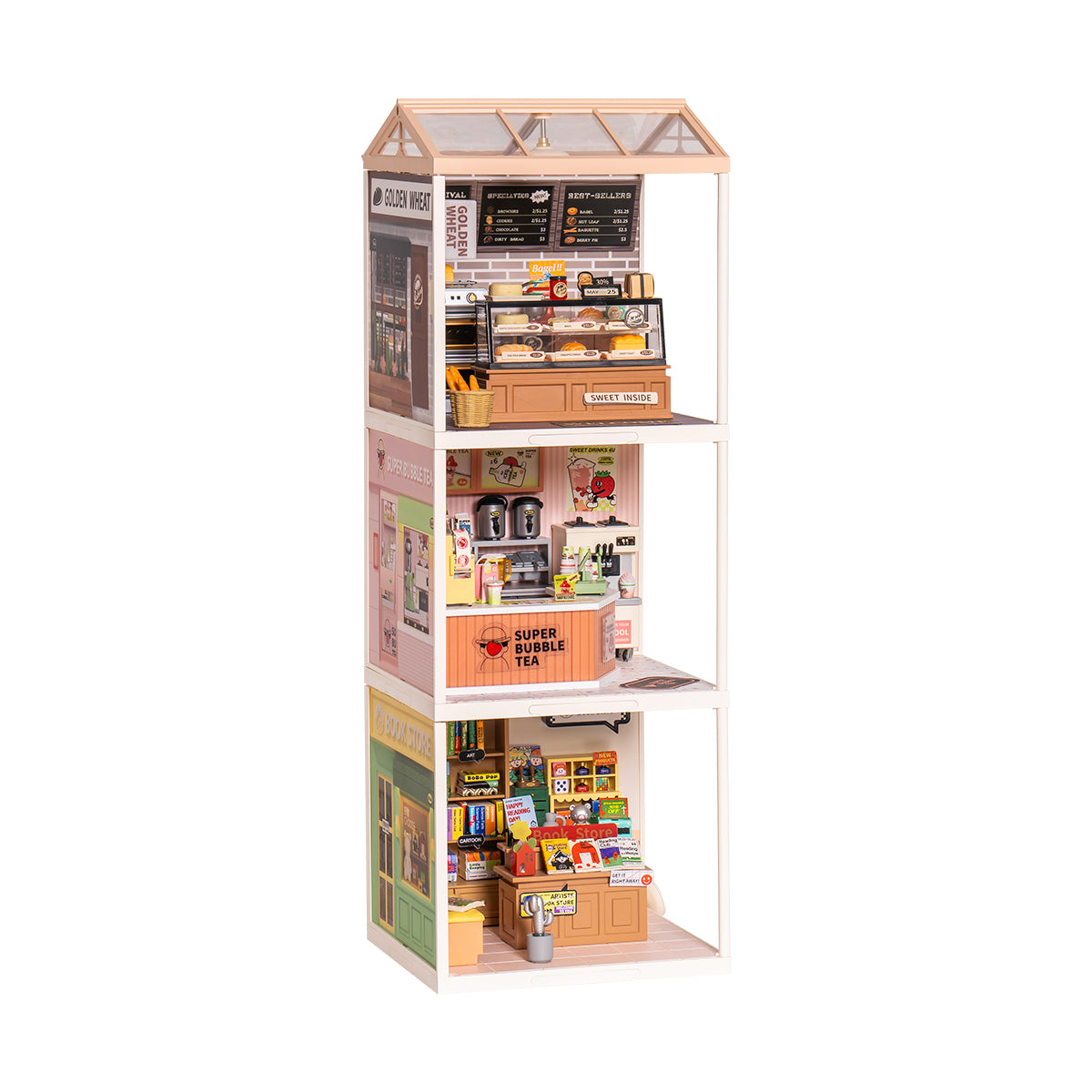 Rolife Super Creator 3 in 1 I Shape DIY miniature dollhouse kit, side profile detail shot