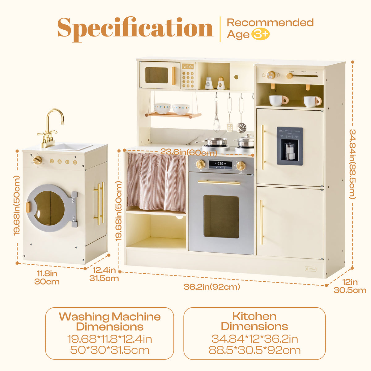ROBUD corner kitchen playset specification diagram showing washing machine and kitchen unit dimensions for ages 3 plus.