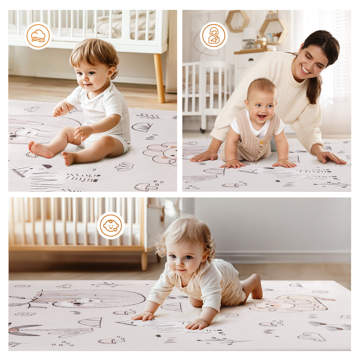ROBUD baby play mat three-panel lifestyle collage with babies crawling and playing with mom on the white illustrated surface with porosity, softness and breathable icons