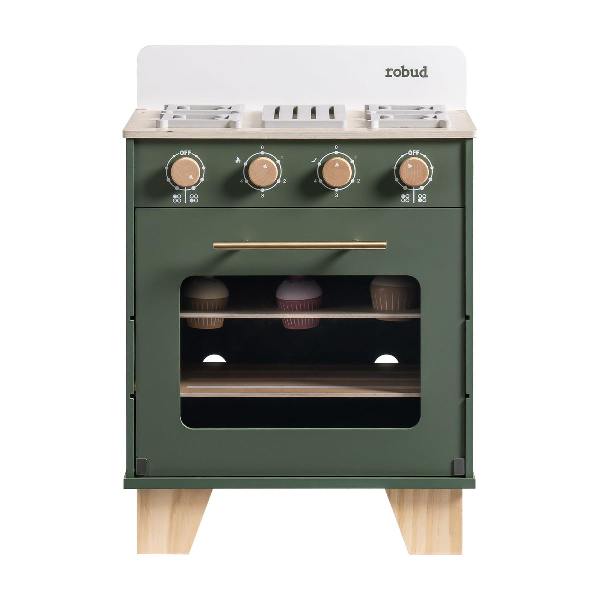 ROBUD wooden oven toy set with stovetop burners and large windowed oven door in green finish.