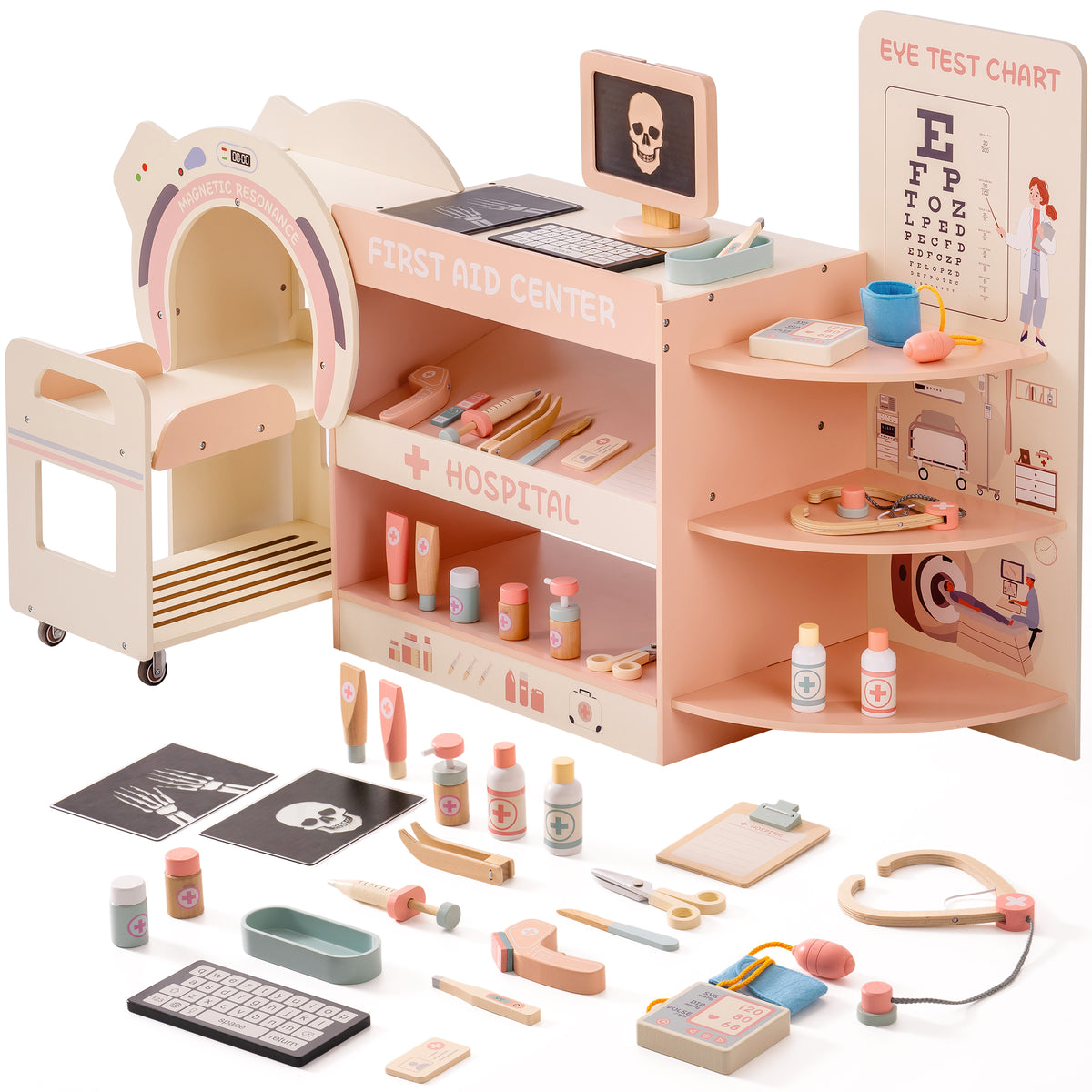 ROBUD wooden doctor hospital activity center front view showing MRI scanner cart, first aid center station, and eye test chart fully assembled