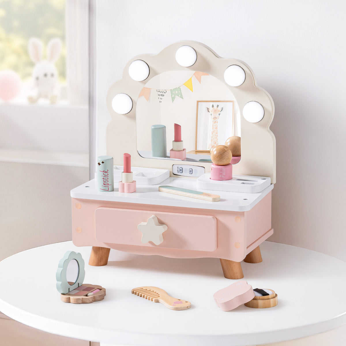 ROBUD pink shell-arc wooden vanity on a white table with lighted mirror and wooden makeup accessories neatly arranged.