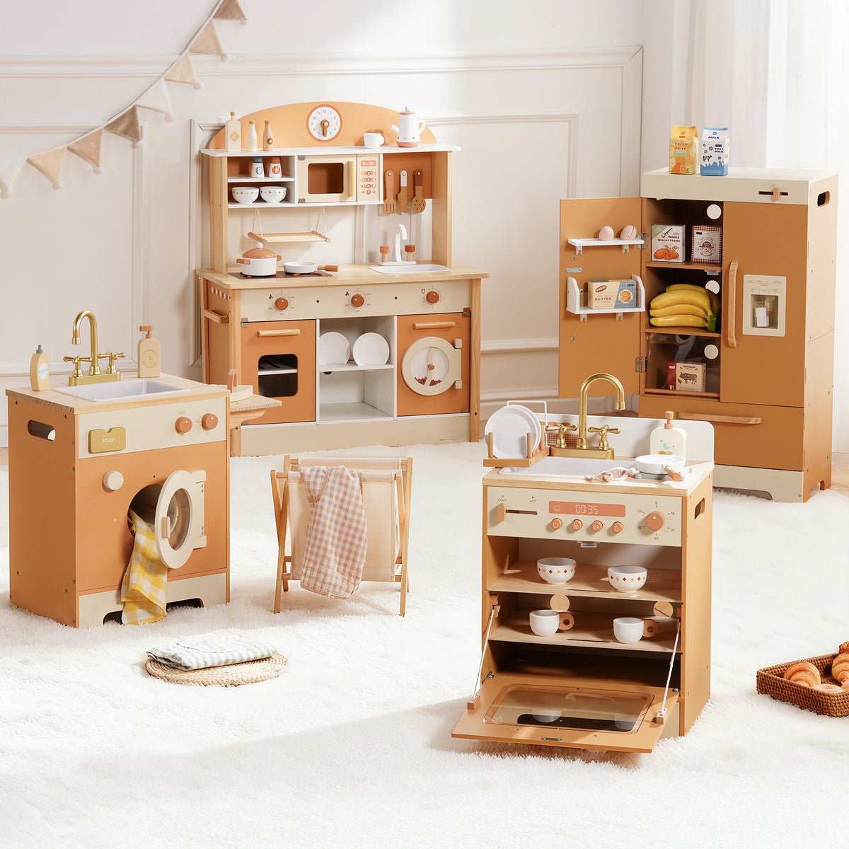 ROBUD Caramel Wooden Kids Kitchen Series lifestyle showing kitchen and refrigerator set together in a warm Scandinavian nursery