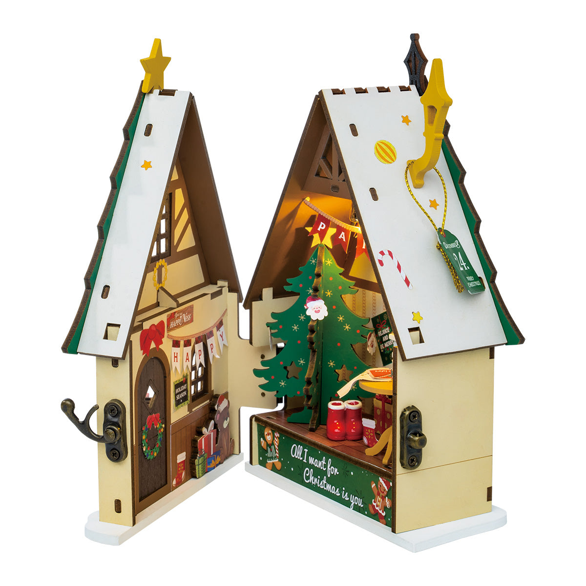 Rolife Twinkling Christmas House DS036 open book view showing illuminated Christmas tree interior and holiday room scene