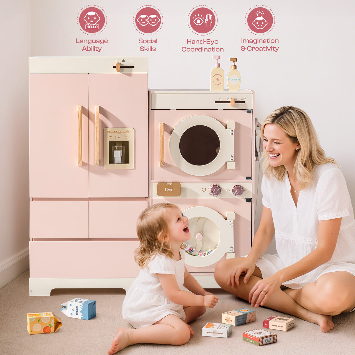 Mother and daughter playing together with ROBUD Pink Wooden Kitchen PlaySet beside large pink fridge and washer