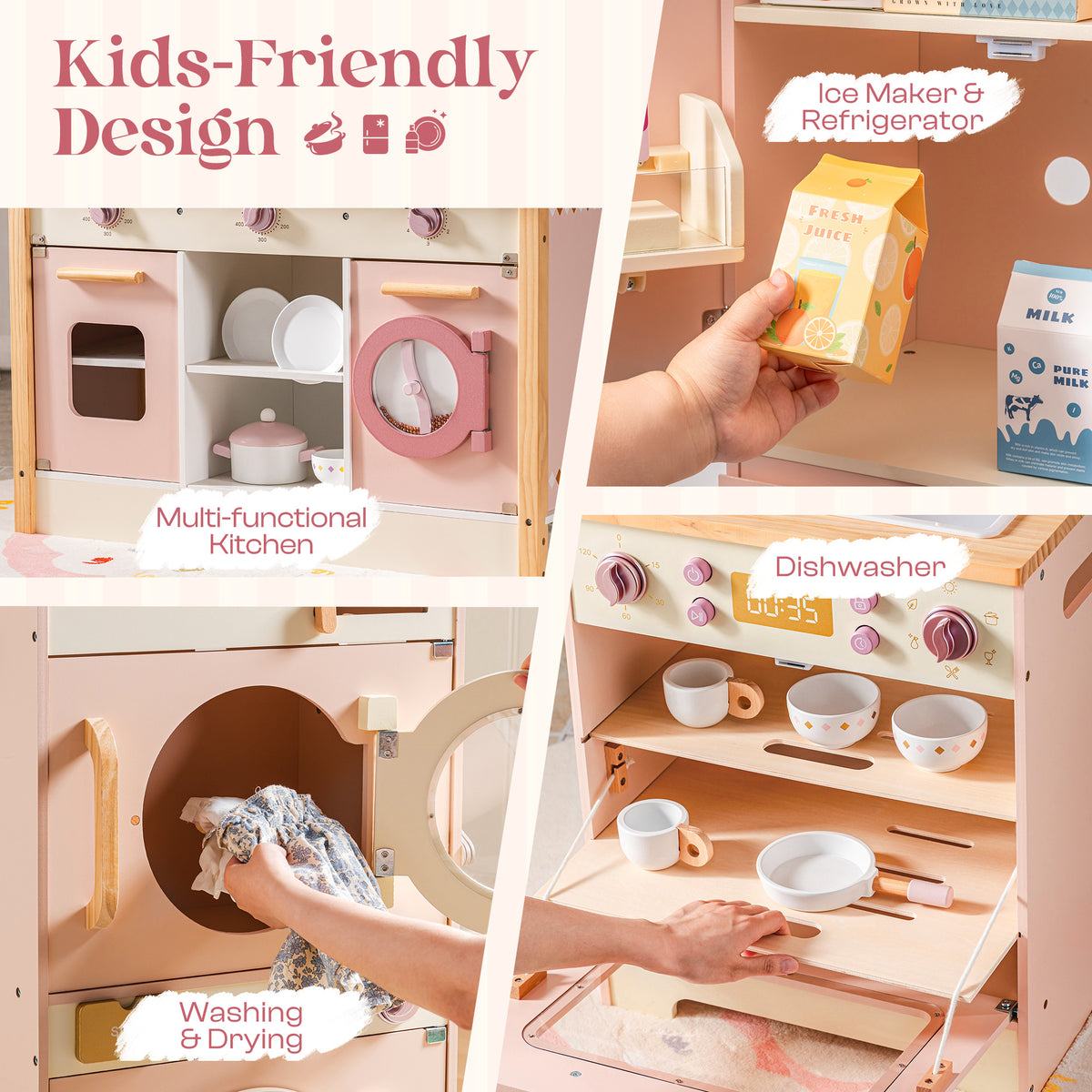 ROBUD Pink Wooden Kitchen PlaySet kids-friendly design callout showing ice maker, dishwasher and washing appliances