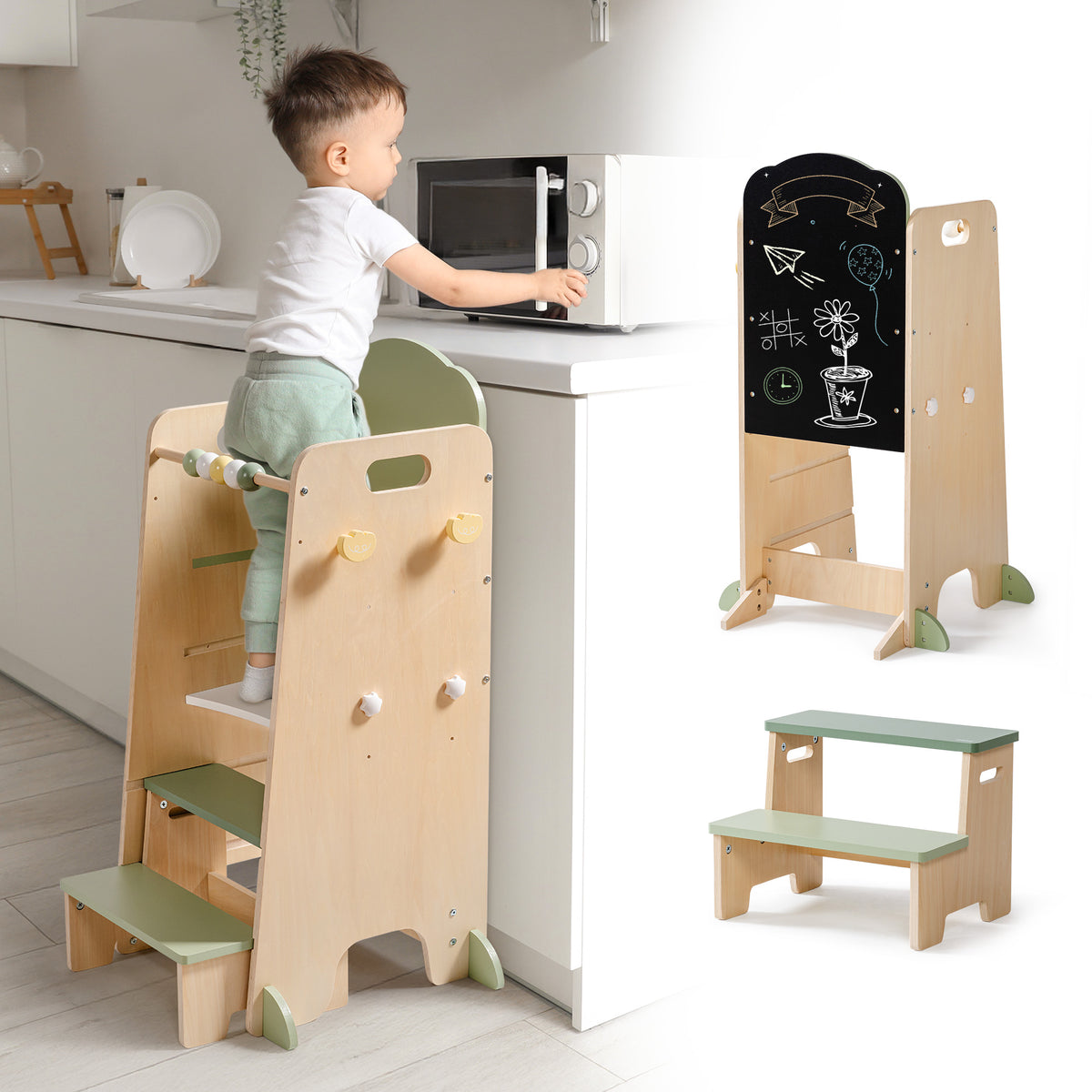 ROBUD Toddler Standing Tower set with chalkboard panel and separate step stool displayed together in natural birch and sage green finish