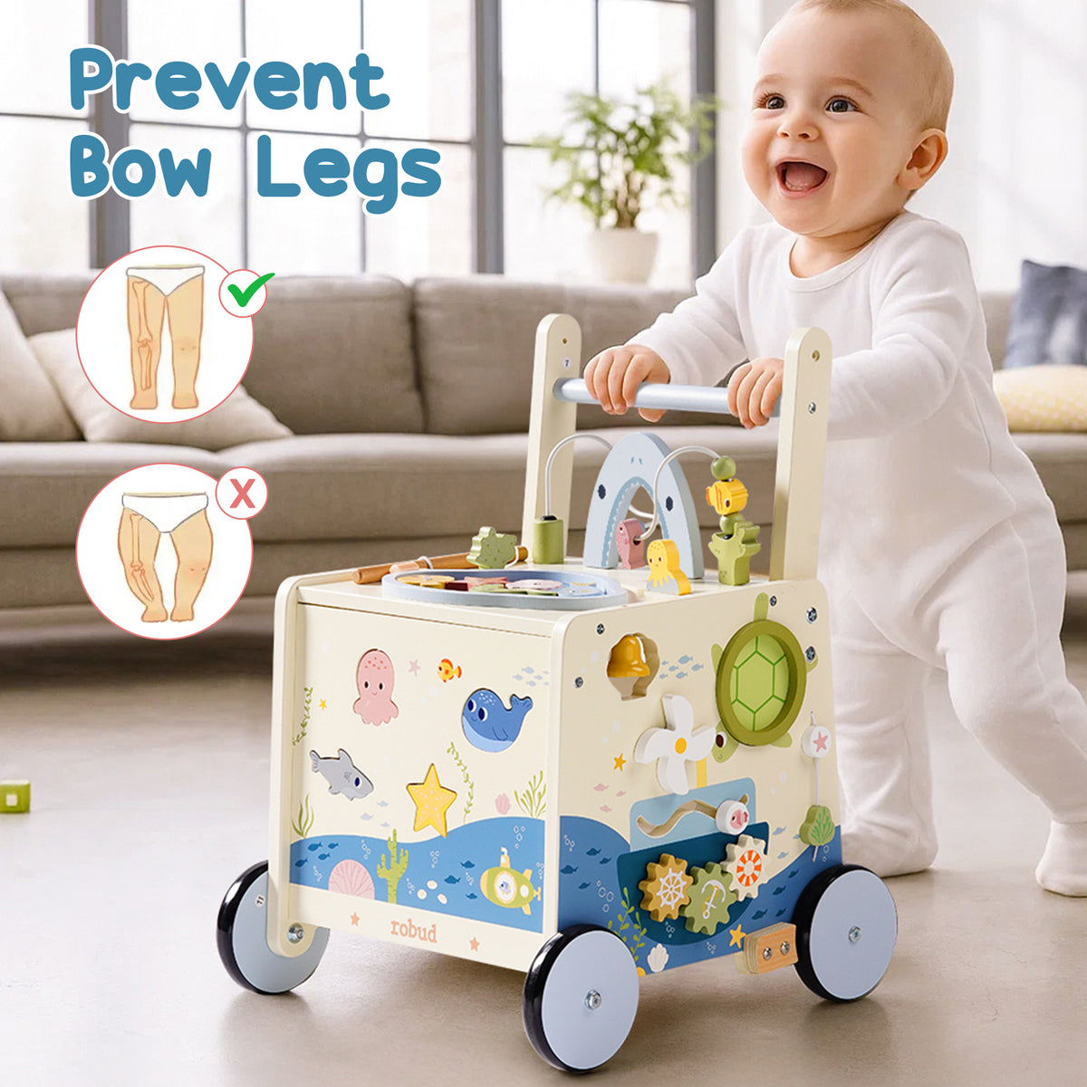 ROBUD Wooden Baby Push Walker Underwater World with baby walking behind it on hardwood floor showing bow-leg prevention design