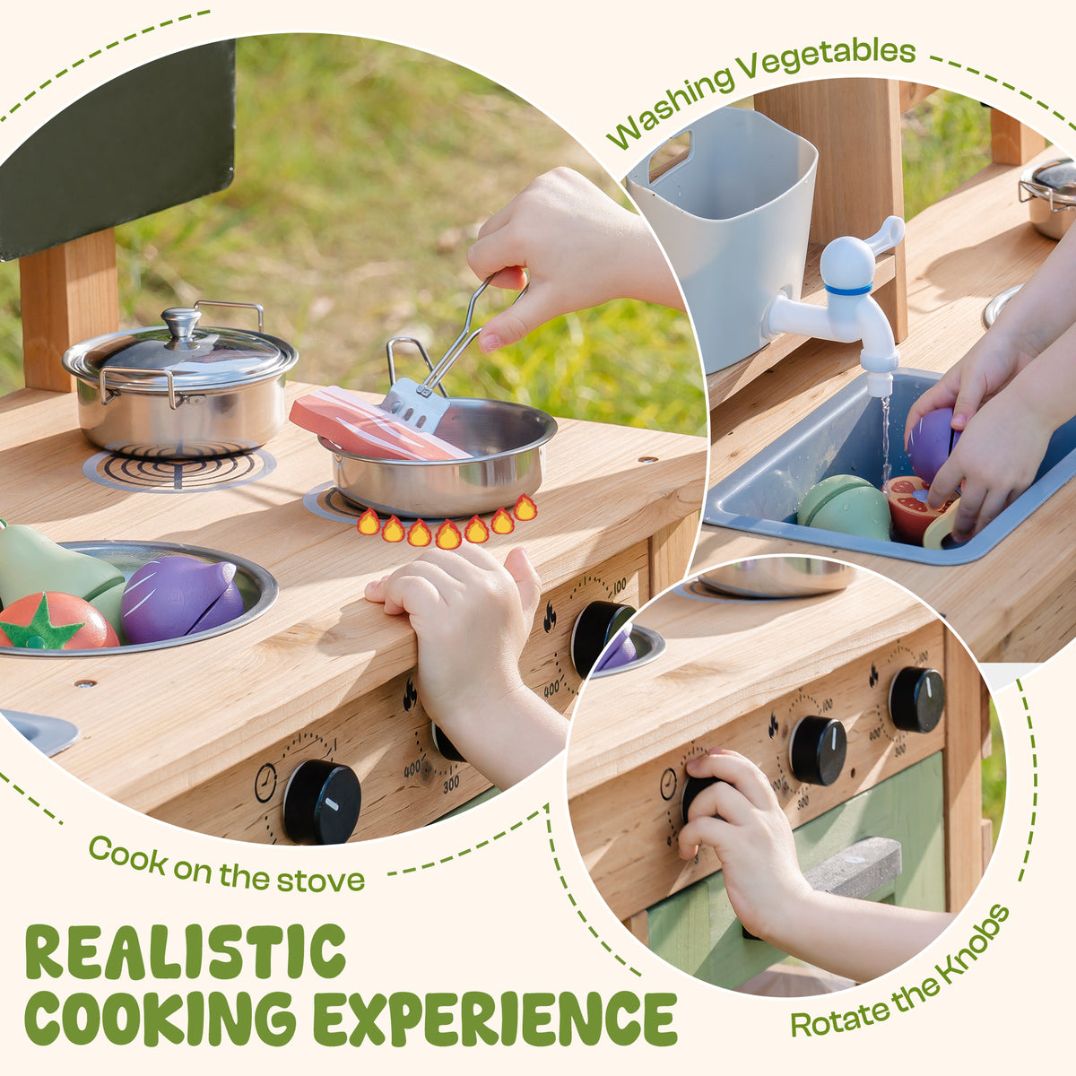 ROBUD Outdoor Mud Play Kitchen realistic cooking experience detail showing vegetable washing, stovetop cooking and knob rotating play features
