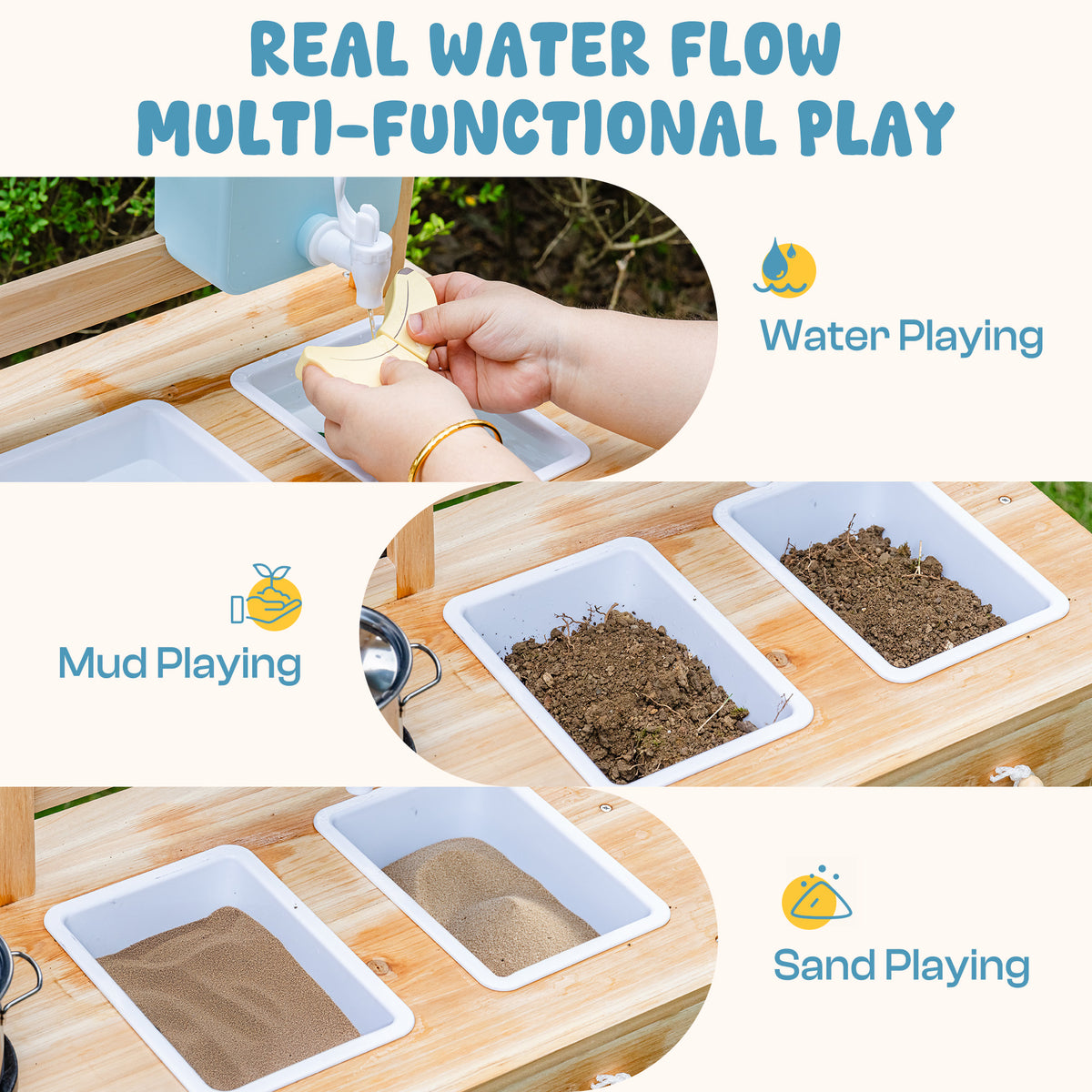 ROBUD Outdoor Garden Mud Kitchen real water flow multi-functional play showing water playing, mud playing and sand playing tray compartments close-up