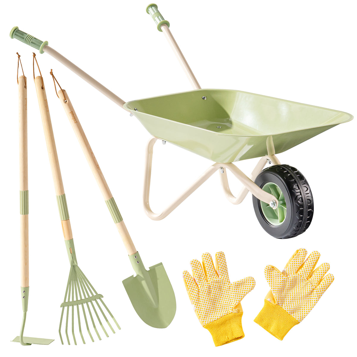 ROBUD Kids Wheelbarrow Set complete flat lay showing sage green metal wheelbarrow, rake, shovel, fork and yellow gardening gloves on white background