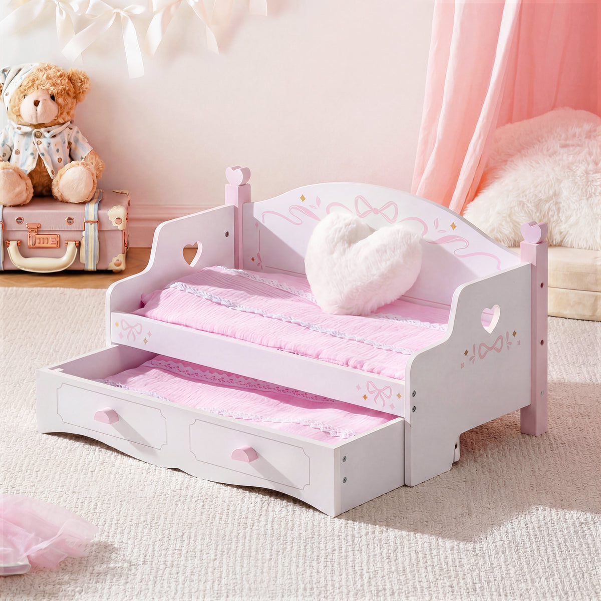 ROBUD white doll bunk sofa bed pulled open to reveal lower bunk with pink mattress and matching quilt in a pink curtained room