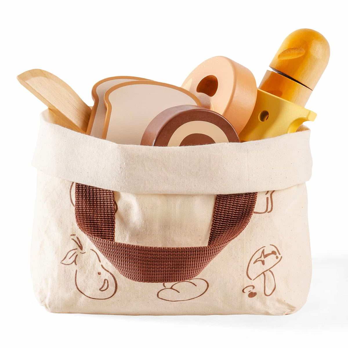 ROBUD wooden bread cutting playset canvas tote bag filled with baguette, pretzel, swiss roll, toast, and cheese pieces viewed from front against white background