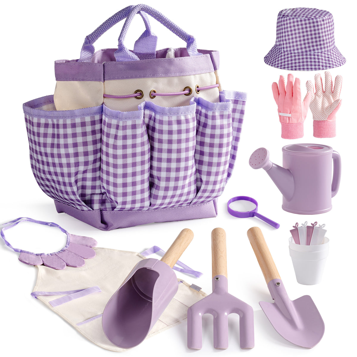 ROBUD Kids Gardening Set purple series laid on green grass with hat, apron, lavender watering can, tools and gloves spread out in a flower meadow