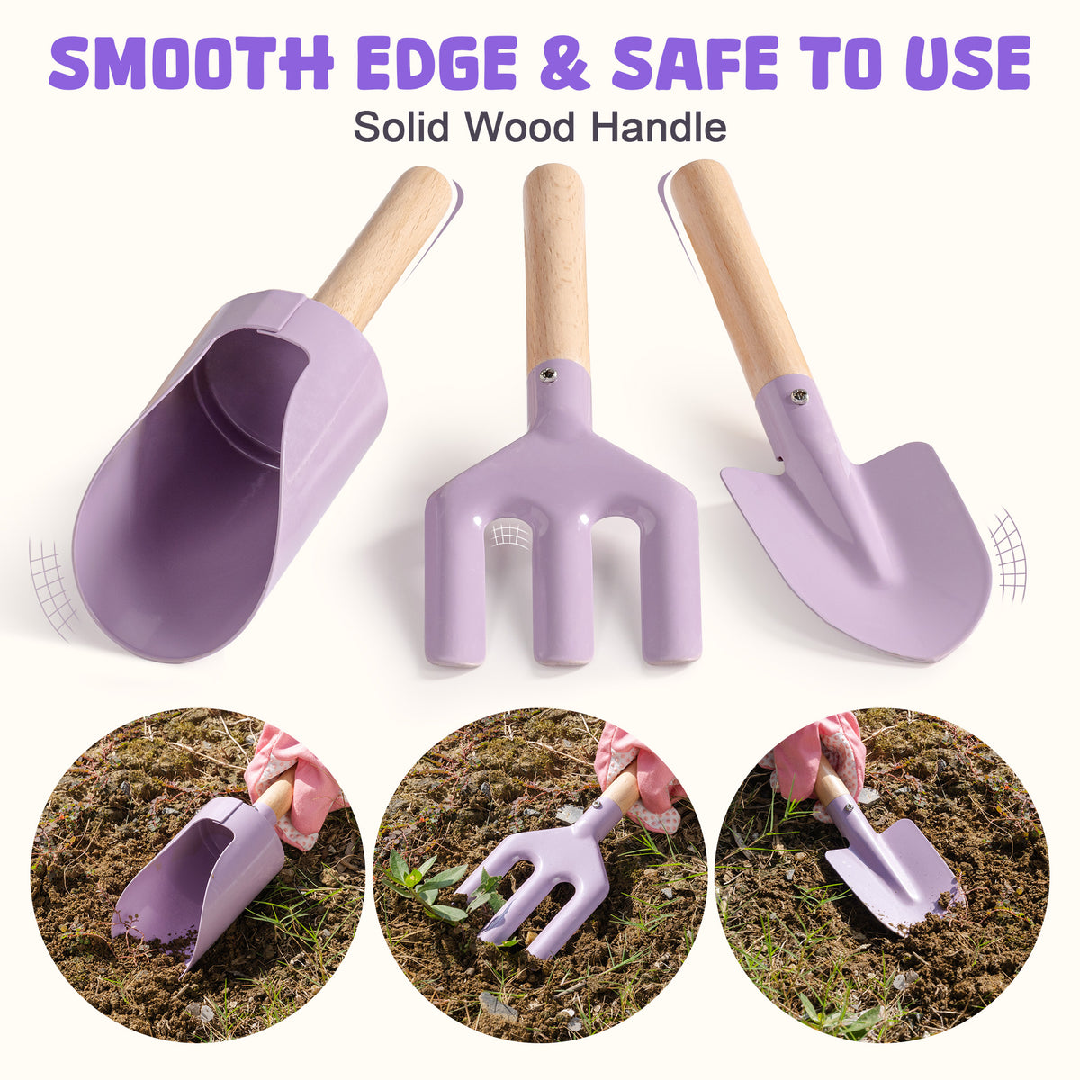 Close-up of ROBUD Kids Gardening Set purple shovel, rake and fork showing smooth wood handles and safe rounded purple metal blades