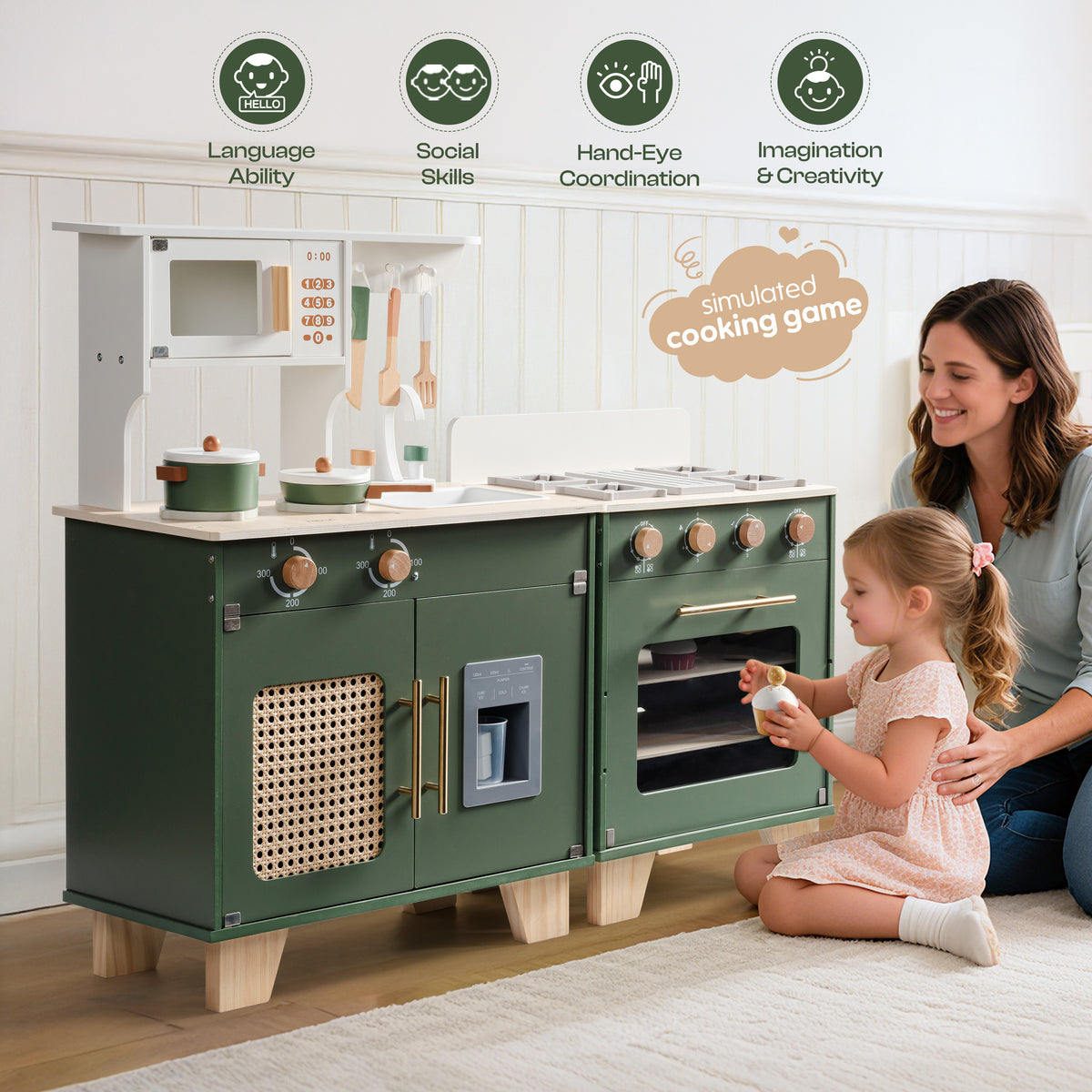 Mother and young daughter playing together at the ROBUD vintage green full-size wooden kitchen set with rattan and gold accents