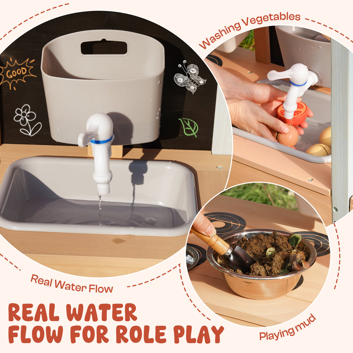 ROBUD outdoor mud kitchen detail showing real water flow from faucet, vegetable washing, and playing with mud role-play callouts