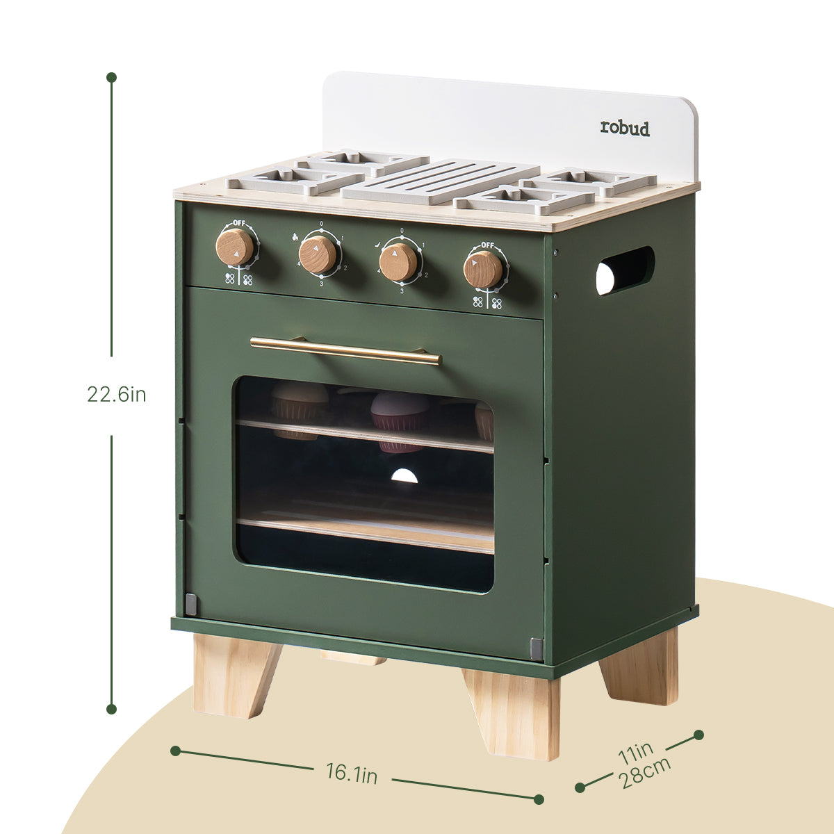 ROBUD green kitchen oven toy dimension diagram showing 22.8 in height and 18.5 in width measurements.