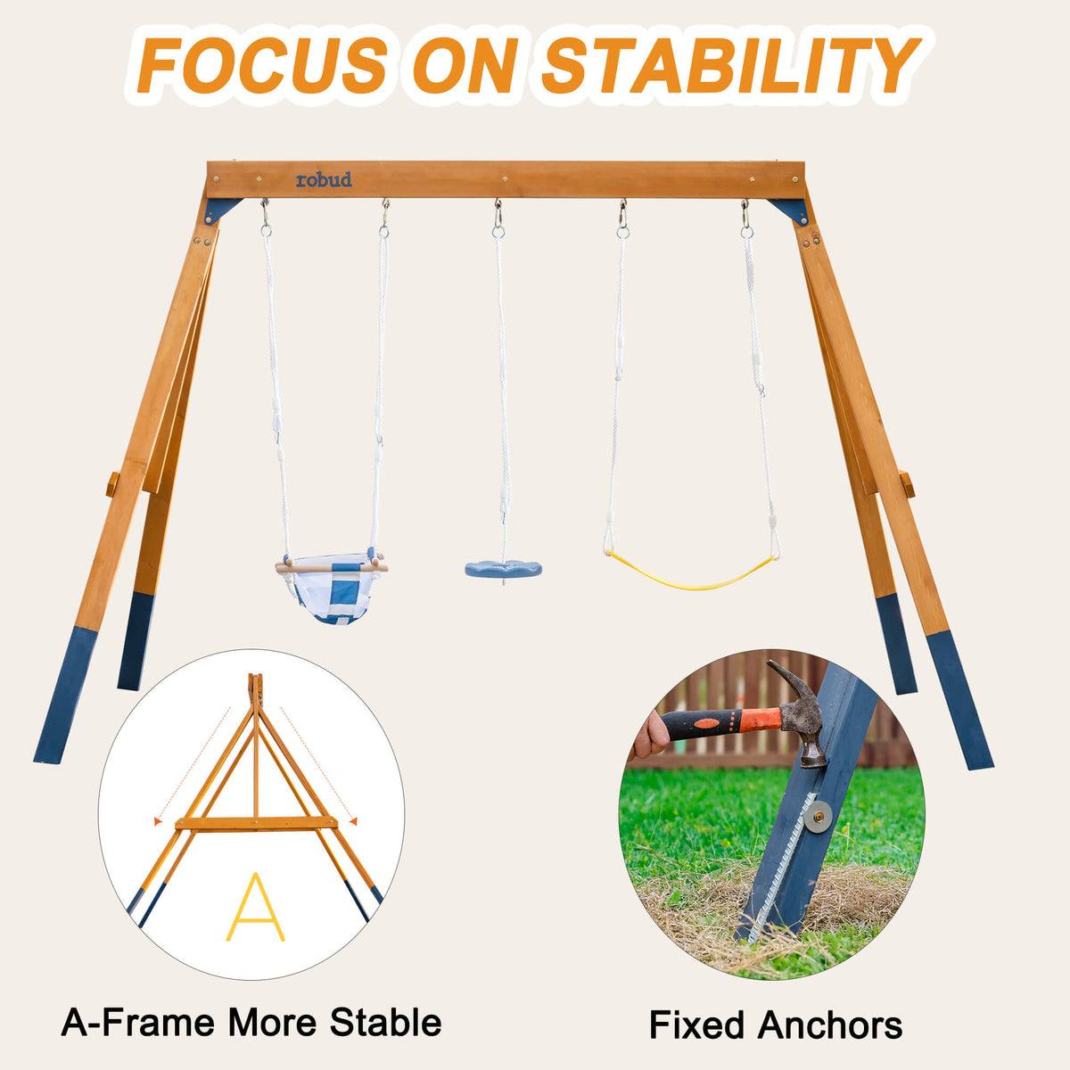 ROBUD wooden swing set focus on stability features showing A-frame cross structure diagram and fixed ground anchors being hammered into grass