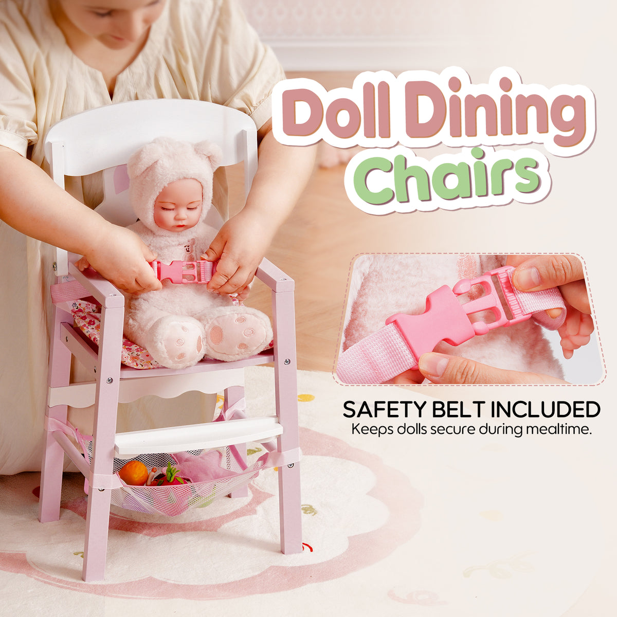 Baby doll buckled into the ROBUD pink wooden doll high chair with safety belt callout highlighting secure mealtime seating.