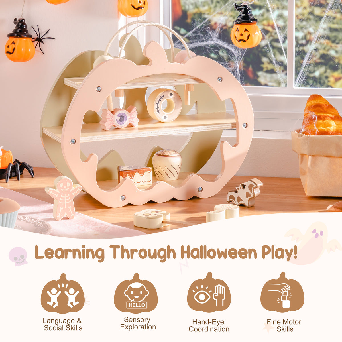 ROBUD Halloween Candy House wooden pumpkin playset displayed in front of a window with glowing Halloween decorations and orange lights in background