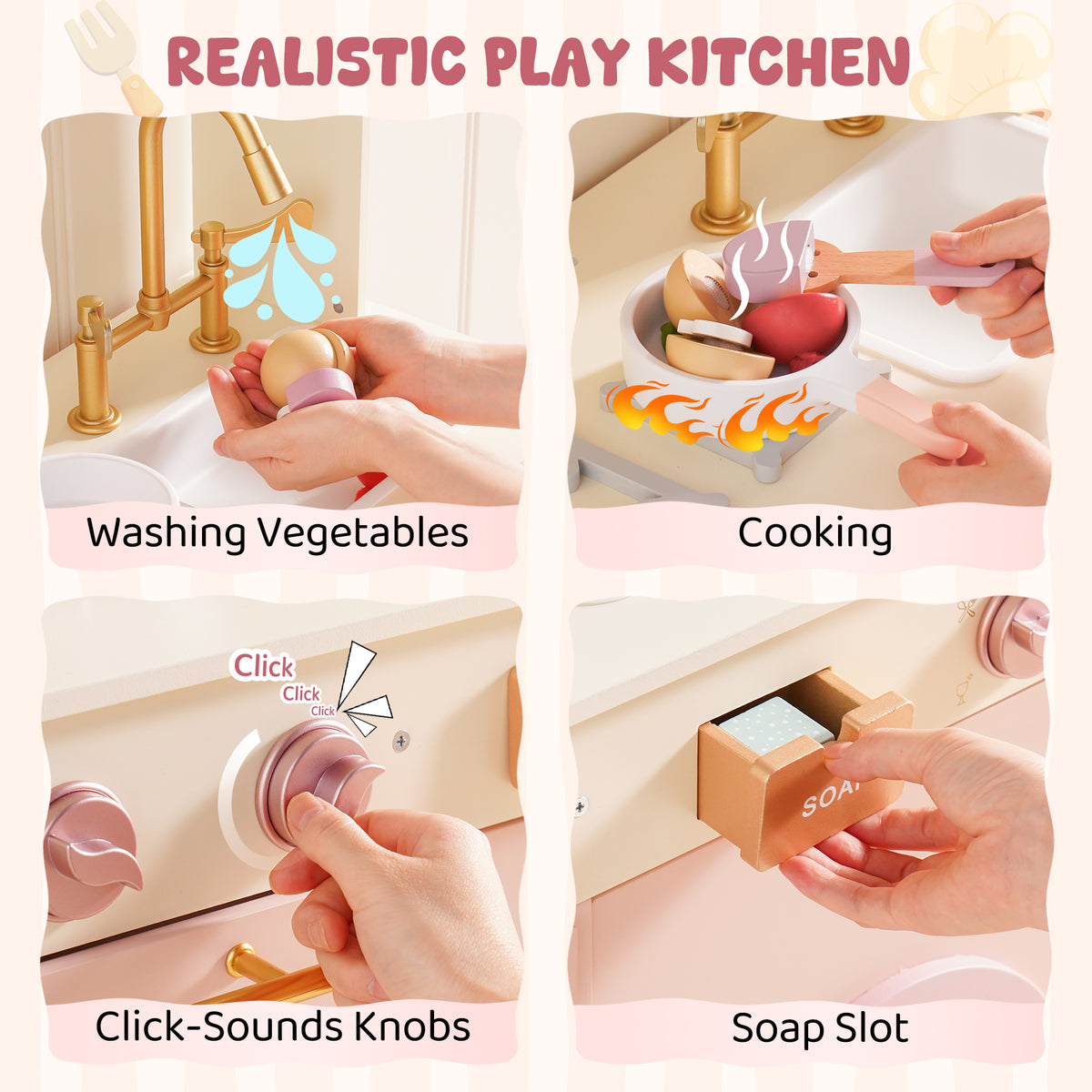 ROBUD Pink Baking Kitchen realistic play features showing sink for washing vegetables, click-sound knobs, stovetop cooking and soap slot
