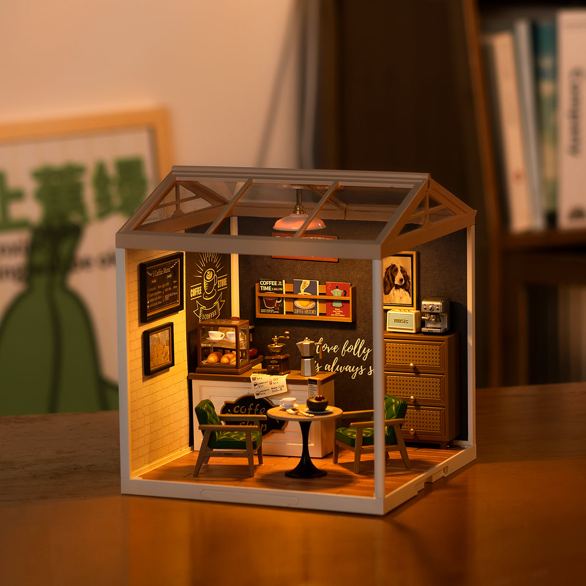 Rolife Super Creator Daily Inspiration Cafe DW001 miniature house DIY kit showing the completed cafe interior with warm