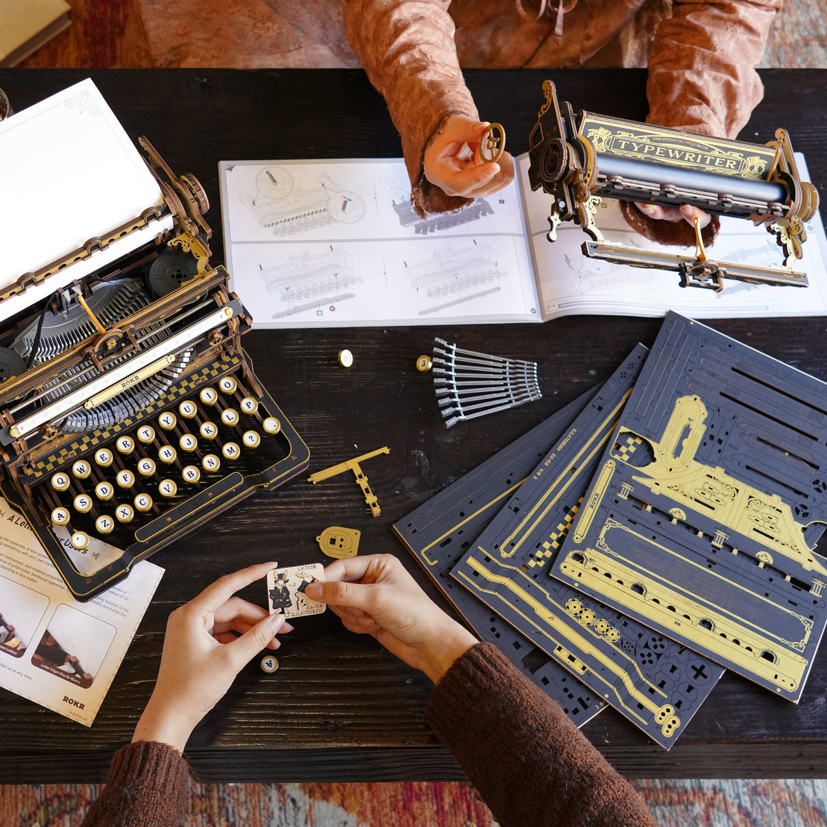 ROKR Mechanical Typewriter Wooden 3D Puzzle LK703B (Classic Version) LK703B, top-down view of layout and arrangement
