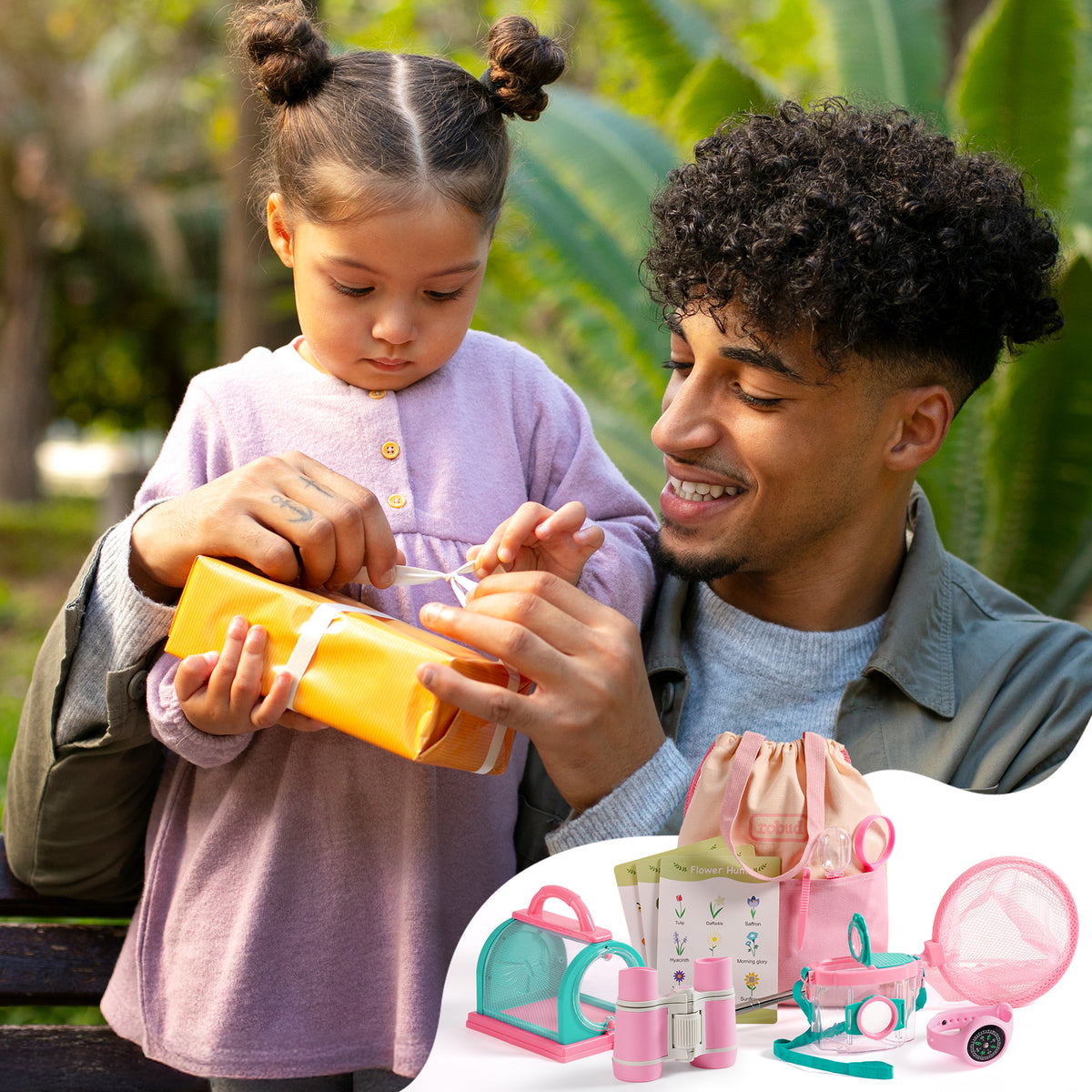 Girl in pink outfit looking at compass watch on her wrist outdoors in wooded setting with ROBUD explorer kit in background