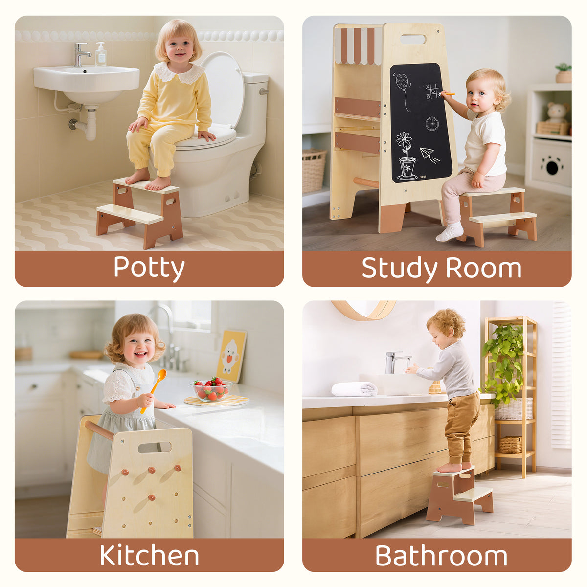 Four-panel lifestyle showing ROBUD Toddler Standing Tower used as potty step, study room board, kitchen helper and bathroom stool