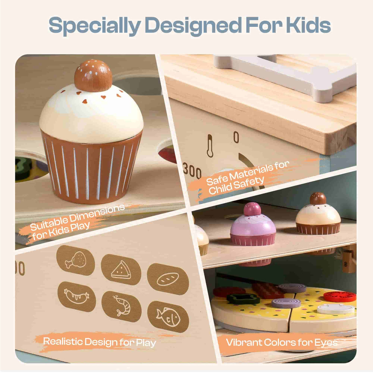 Robud wooden play oven specially designed for kids callout showing cupcake accessory and wood texture